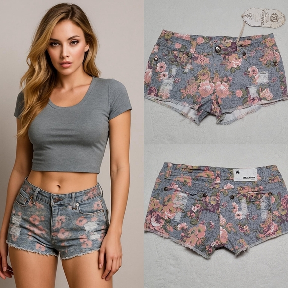 Grace in LA Pants - Grace in LA New Gray Pink Floral Distressed Raw Cut Micro Mini Denim Shorts 3/25